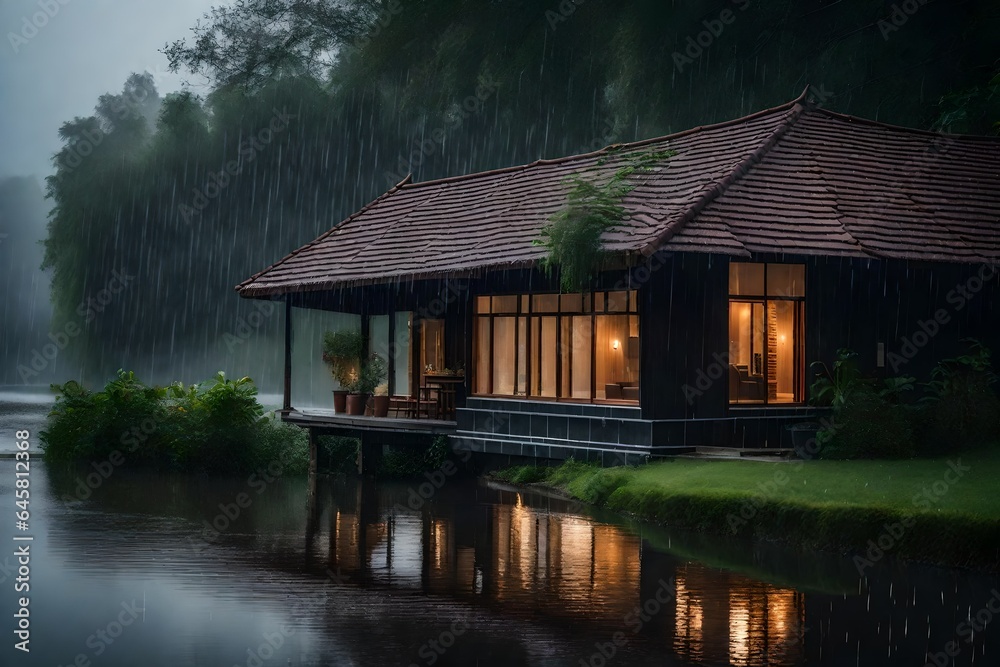 A rain house near a water canal at the time of morning. AI Generative A rain house near a water canal at the time of morning. AI Generative