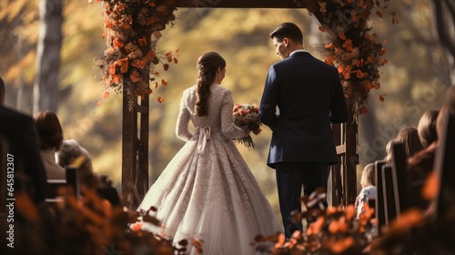 a rustic autumn wedding ceremony featuring the bride and groom