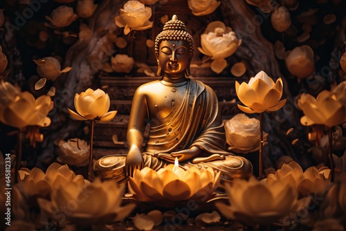 illuminated Lotus flowers and a gold Buddha statue © Suleyman