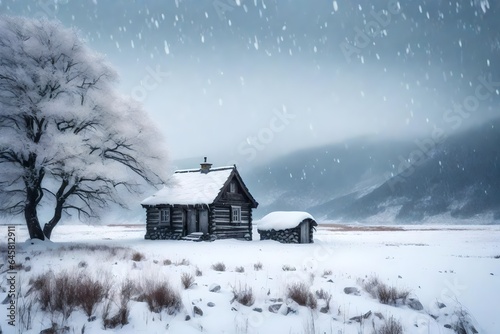 A small house in winter covered with snow.AI Generative