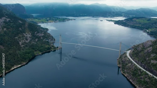 Aerial shot Lysefjordbrua bridge in Western Norway. Huge transportation suspension bridge crossing over Lysefjord fjord  photo