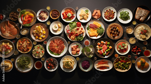 Overhead View of a Table Laden with Various Food Items