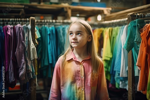 A cute young girl with blond hair is standing in a store and choosing clothes for school.