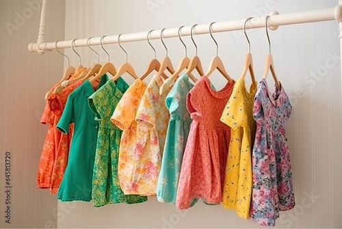 Colorful baby dresses are neatly hung on hangers in a clean and organized closet, ready for use.