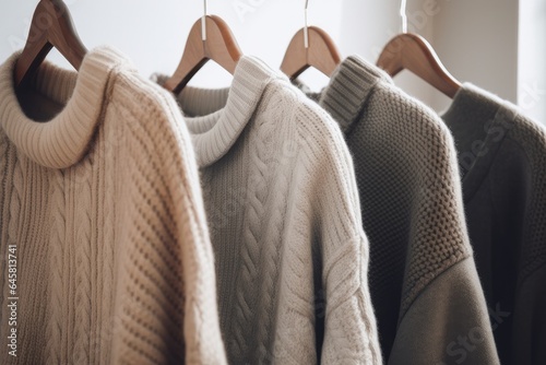 A cozy boutique that presents a collection of warm, stylish knitwear in soft pastel colors for the autumn-winter season. photo