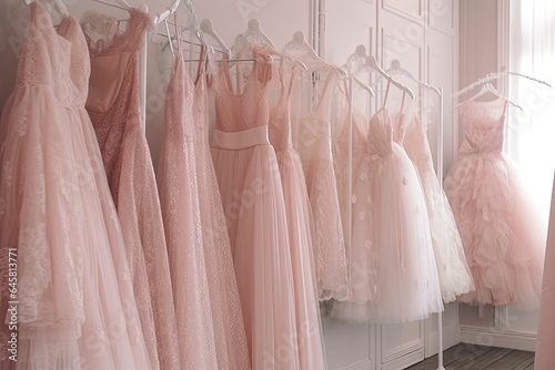 A boutique with a stunning collection of pink evening dresses that exude elegance and contemporary style. © Iryna