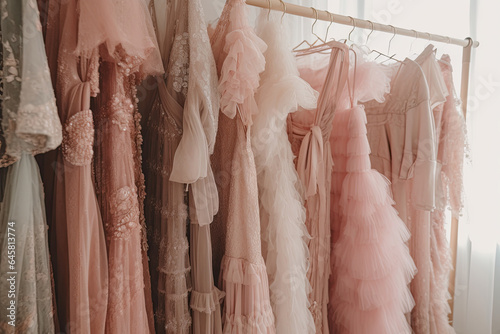 Collection of delicate pink dresses on a hanger close-up.