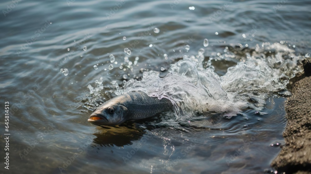 Fototapeta premium Fish jumps out of poisoned water. Environmental disaster. Fish died after drained a poisonous substance into the sea from a pipe. Pollution of the sea ocean.
