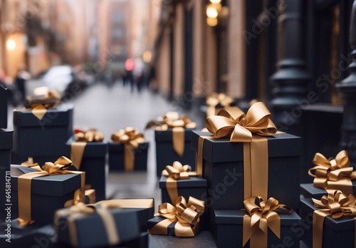 gift boxes in the city Black Friday  Cinematic daylight generative ai illustration art