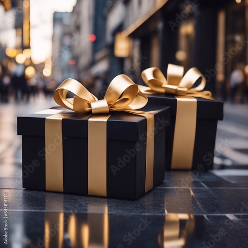 gift boxes in the city Black Friday  Cinematic daylight generative ai illustration art