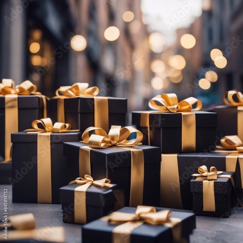 gift boxes in the city Black Friday  Cinematic daylight generative ai illustration art