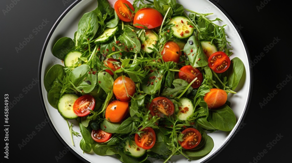 Fresh healthy vegetable salad, spinach, lettuce, tomatoes and carrots, on a white plate, top view