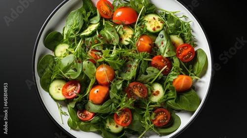 Fresh healthy vegetable salad, spinach, lettuce, tomatoes and carrots, on a white plate, top view