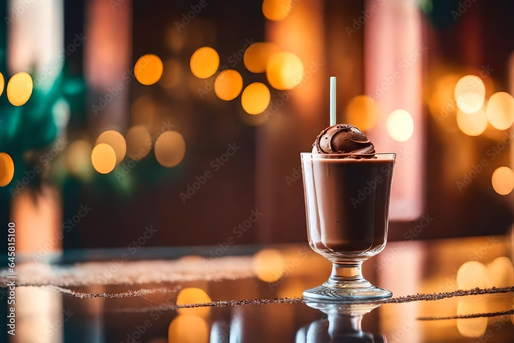 An ice cream, infused with the divine essence of chocolate, is placed on a glass table An ice cream, infused with the divine essence of chocolate, is placed on a glass table