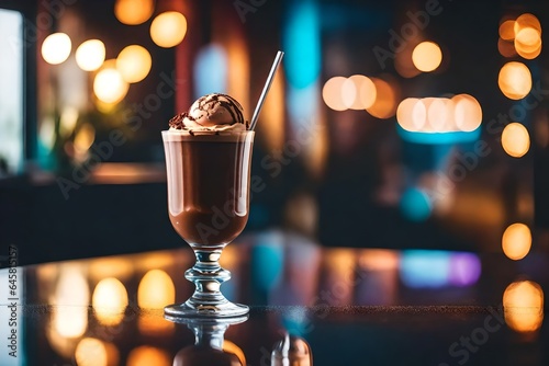 An ice cream, infused with the divine essence of chocolate, is placed on a glass table