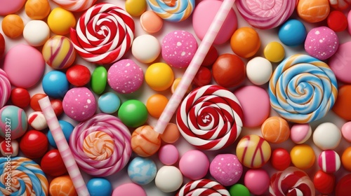 Various tasty sweets, colourful lollipops and candies background photo