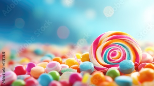 Various tasty sweets, colourful lollipops and candies background with free space for text