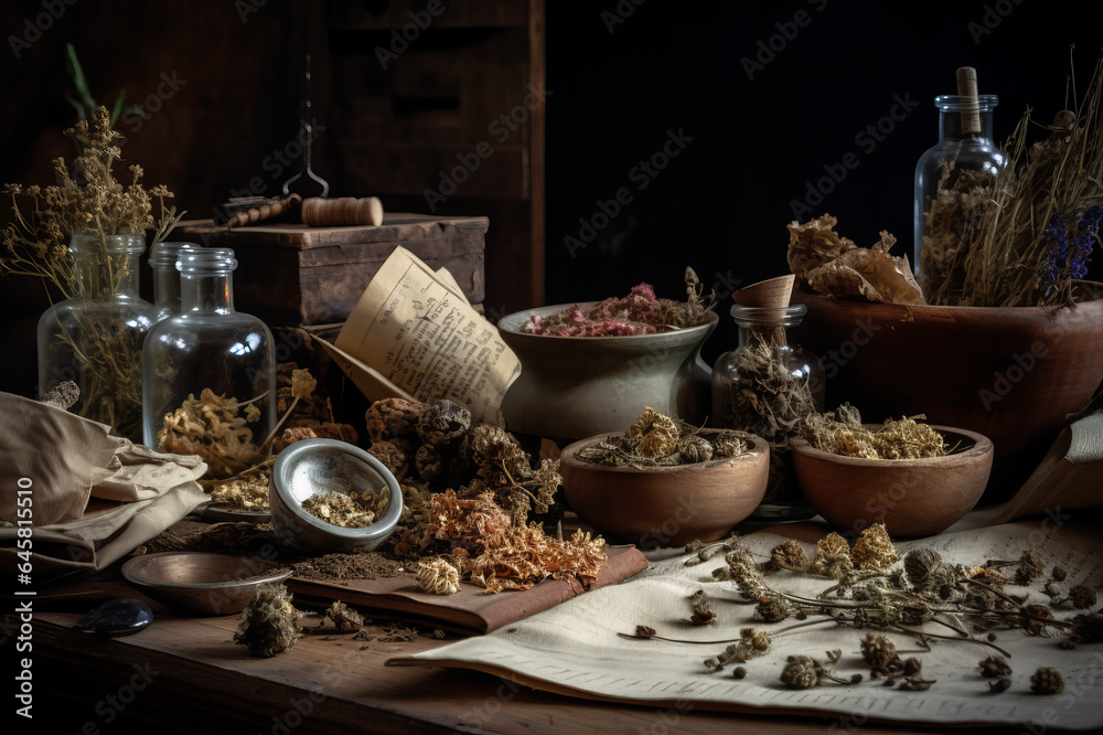 Dried medicinal herbs on wooden table Dried medicinal herbs on wooden table