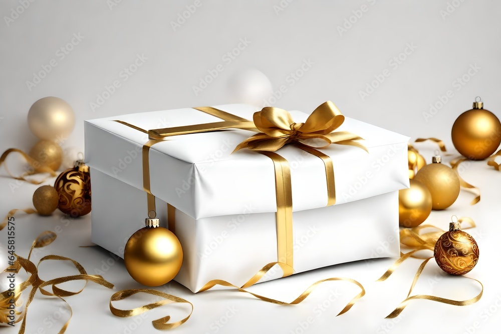 A Christmas present wrapped in white paper with gold accents, on a white background. A Christmas present wrapped in white paper with gold accents, on a white background.