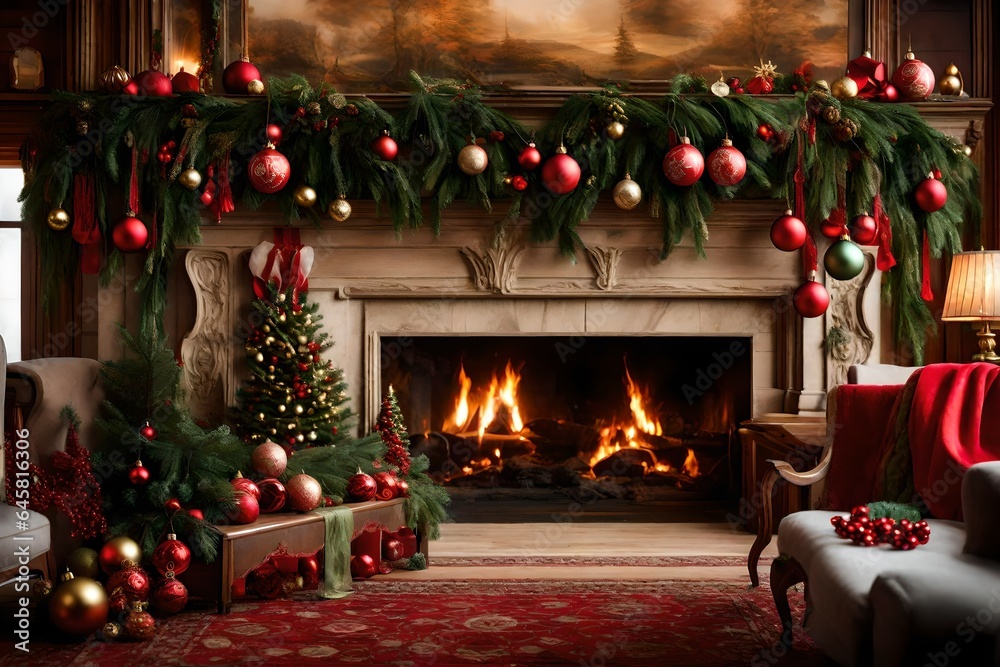 A classic fireplace mantel draped in green garlands, red , and adorned with antique Christmas ornaments.