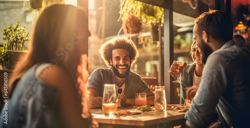 Group of close friends at an outdoor restaurant on a summer evening.
