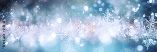 Defocused Christmas background with snowflakes and bokeh lights. long banner.  © Slava