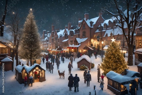 A snowy Christmas village square with twinkling lights and people caroling.