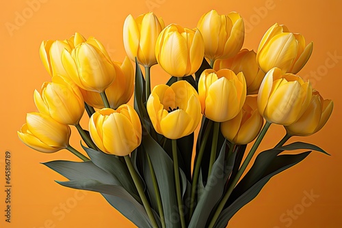 tulips on yellow background, copy space 