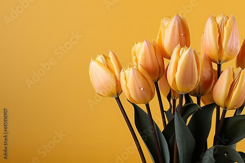 tulips on yellow background, copy space 