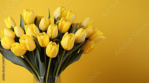 tulips on yellow background, copy space 