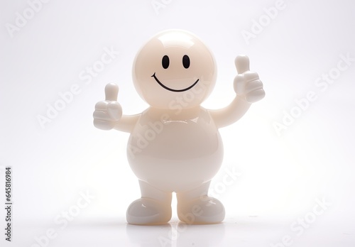 A figurine of a smiling plastic man who raises both thumbs up. The character agrees, gives a positive answer, recommends. Good idea concept. Illustration for advertising, marketing or presentation.