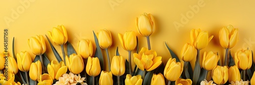 tulips on yellow background, copy space 