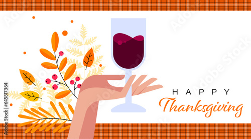 Happy Thanksgiving. Autumn holiday design with red wine glass. Party