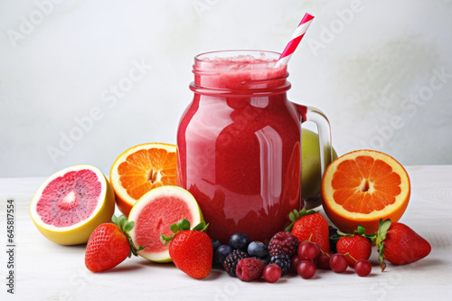 Tasty healthy dieting red berry and fruits smoothie in glasses on white background. 