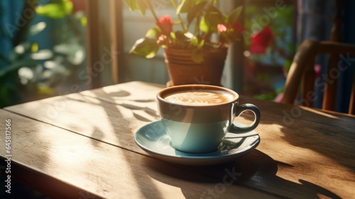 International Coffee Day, October 1st background. Hot espresso on the brown wooden desk. Close up white coffee cup with heart shape latte art on wooden table