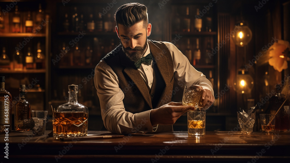bartender making cocktail with whiskey
