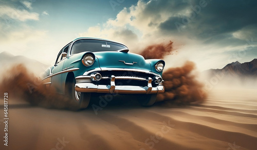 Classic American car speeding is a desert. Generative AI. © Roman Tiraspolsky