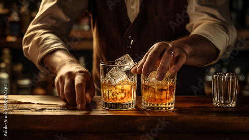bartender making cocktail with whiskey