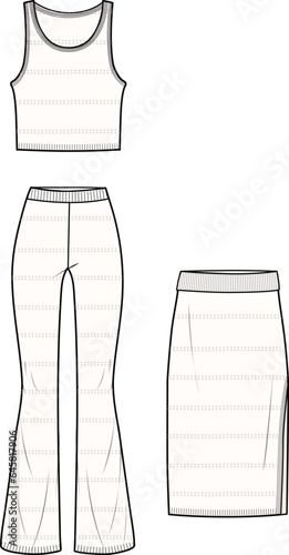 Women's Crochet Co-ord. Technical fashion illustration. Front, white color. Women's CAD mock-up.