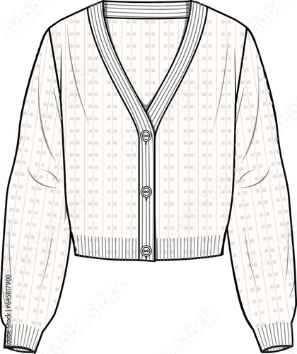 Women's Crochet Cardigan. Technical fashion illustration. Front, ecru color. Women's CAD mock-up.
