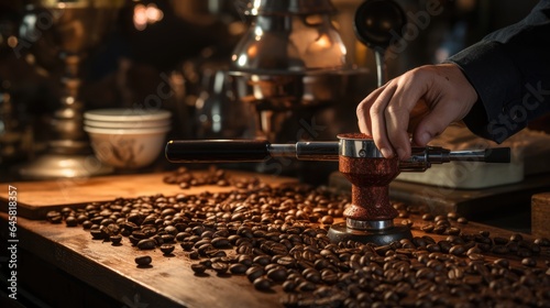 hand and coffee tamper and coffee press, cafe bar background