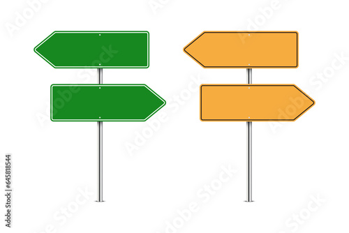 green and yellow road direction signs. Vector illustration