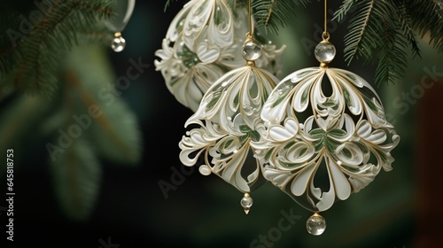 an elegant close-up showcasing the delicate, handcrafted ornaments on a Christmas tree