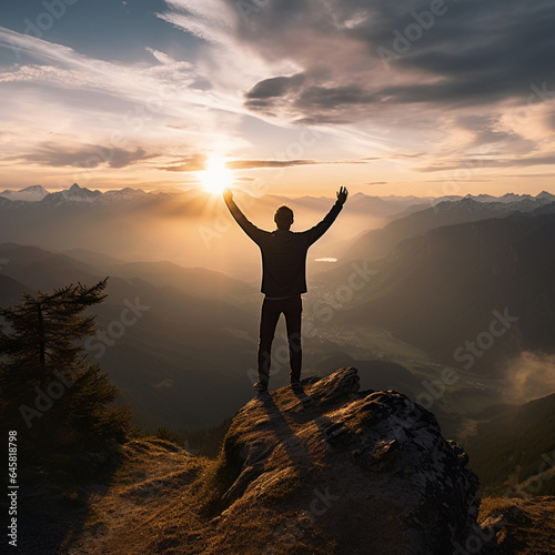 young woman with arms crossed standing on top of a mountain and raising his hands up