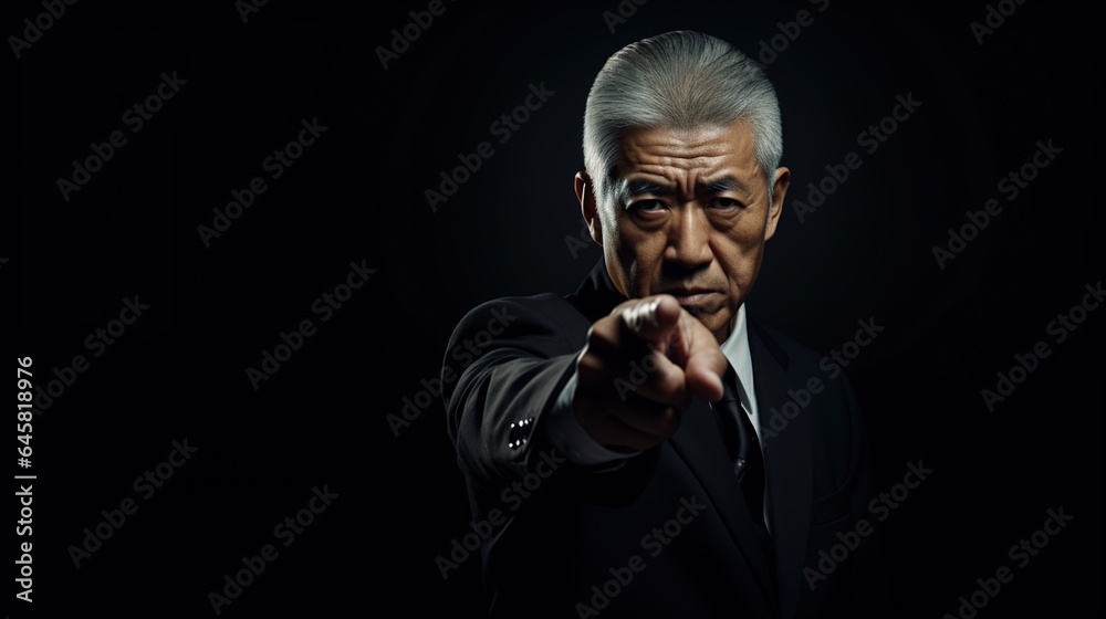 Cool serious looking old asian man wearing suit, tie and isolated on dark background. Businessman, boss, mafia, bodyguard. Pointing his index finger toward camera. Digital illustration generative AI. Cool serious looking old asian man wearing suit, tie and isolated on dark background. Businessman, boss, mafia, bodyguard. Pointing his index finger toward camera. Digital illustration generative AI.