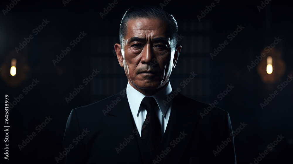 Cool serious looking old asian man wearing suit, tie and  isolated on dark background. Businessman, boss, mafia, bodyguard. Digital illustration generative AI. - obrazy, fototapety, plakaty 