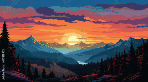 Scenic view of olympic National Park during sunrise in landscape comic style. Trees and mountains landscape. Digital illustration generative AI. photo