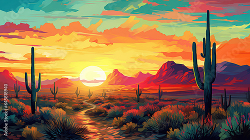 Abstract mixed grunge colors landscape of saguaro national park during sunrise background painting. Digital illustration generative AI.