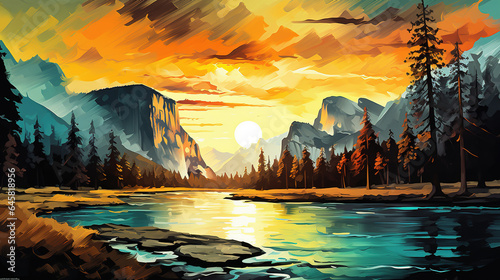 Abstract mixed grunge colors landscape of yosemite national park during sunrise background painting. Digital illustration generative AI.