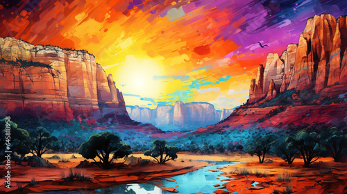 Abstract mixed grunge colors landscape of zion national park during sunrise background painting. Digital illustration generative AI.